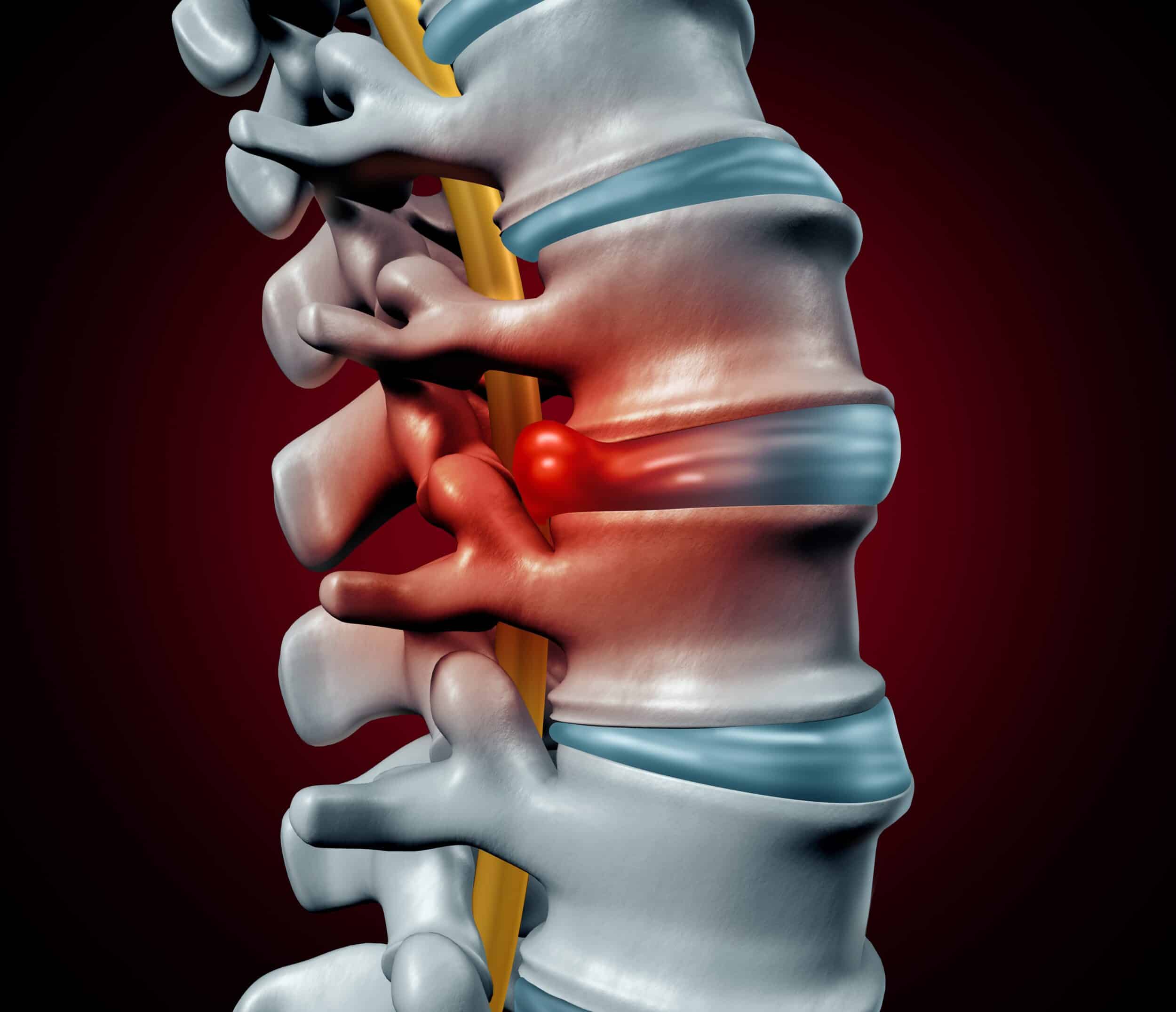 Artist's digital rendering of a spinal column with a protruding herniated disc